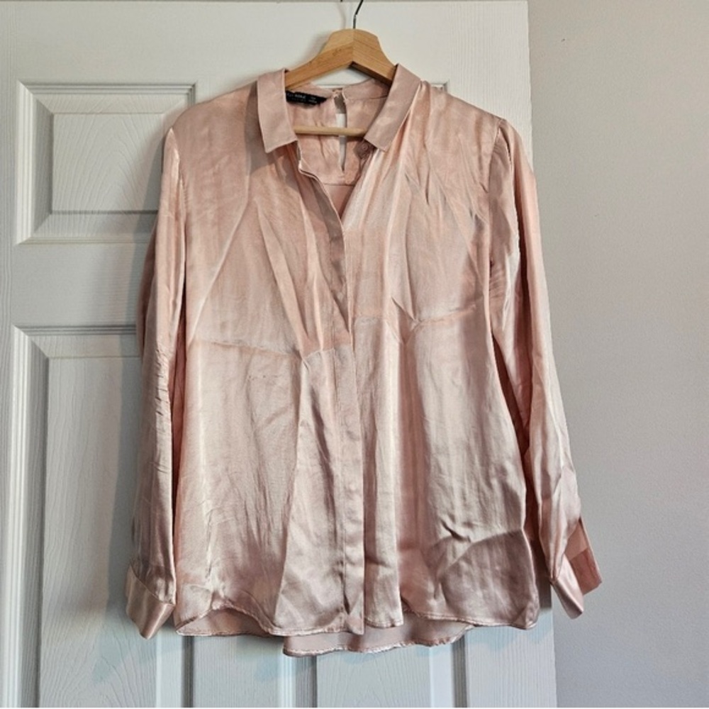 Zara Light Blush Satin Button-Down Blouse